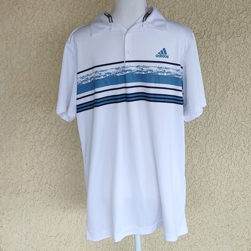 Adidas Novelty Core Stripe Polo Shirt - White/Haze Blue. SIZE MEDIUM- NWT